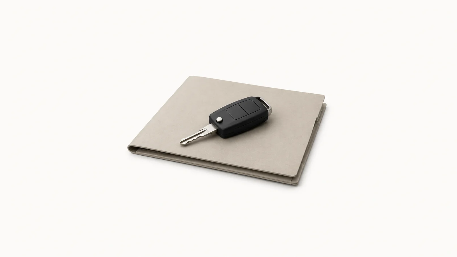 Isolated a car key resting on a folded policy folder centred on a seamless pale off-white studio background, generous empty margin on every side for overlaid branding