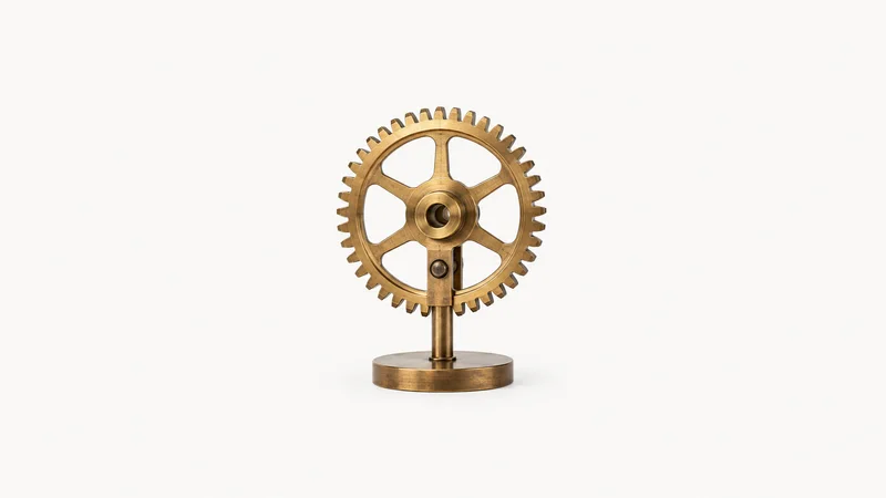 Isolated a brass inventor's prototype gear on a stand centred on a seamless pale off-white studio background, generous empty margin on every side for overlaid branding