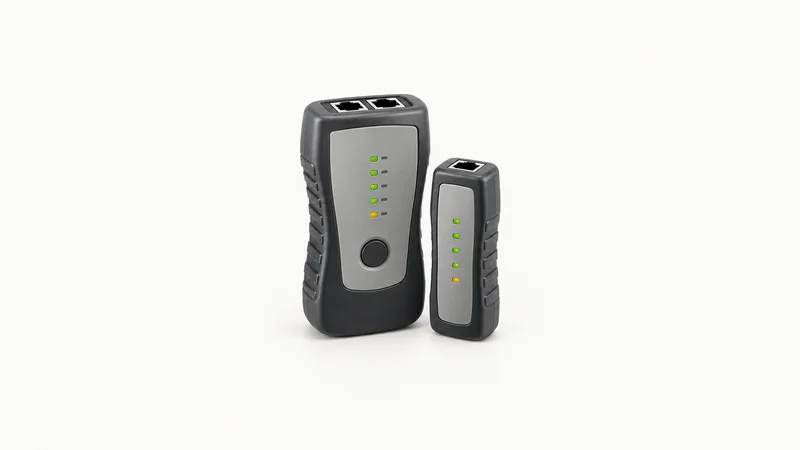 Isolated a cable tester with paired remote unit centred on a seamless pale off-white studio background, generous empty margin on every side for overlaid branding