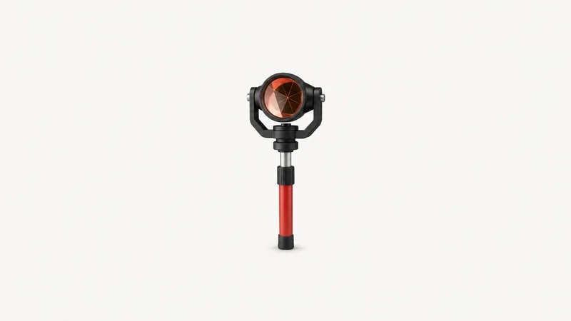 Isolated a survey prism reflector on its short pole centred on a seamless pale off-white studio background, generous empty margin on every side for overlaid branding