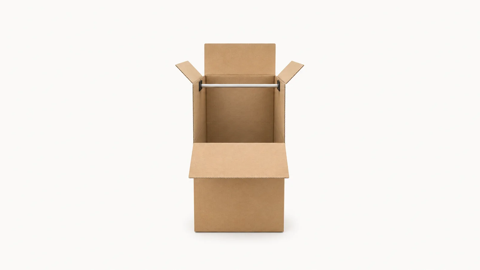 Isolated a wardrobe carton with its hanging rail exposed centred on a seamless pale off-white studio background, generous empty margin on every side for overlaid branding