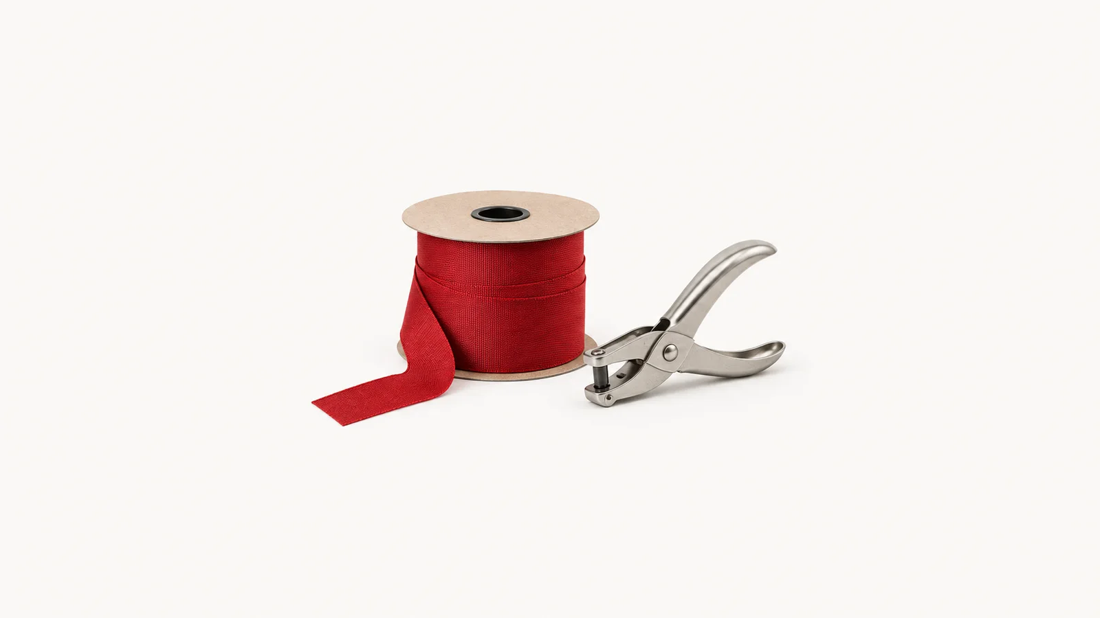 Isolated a spool of red legal ribbon beside a hole punch centred on a seamless pale off-white studio background, generous empty margin on every side for overlaid branding