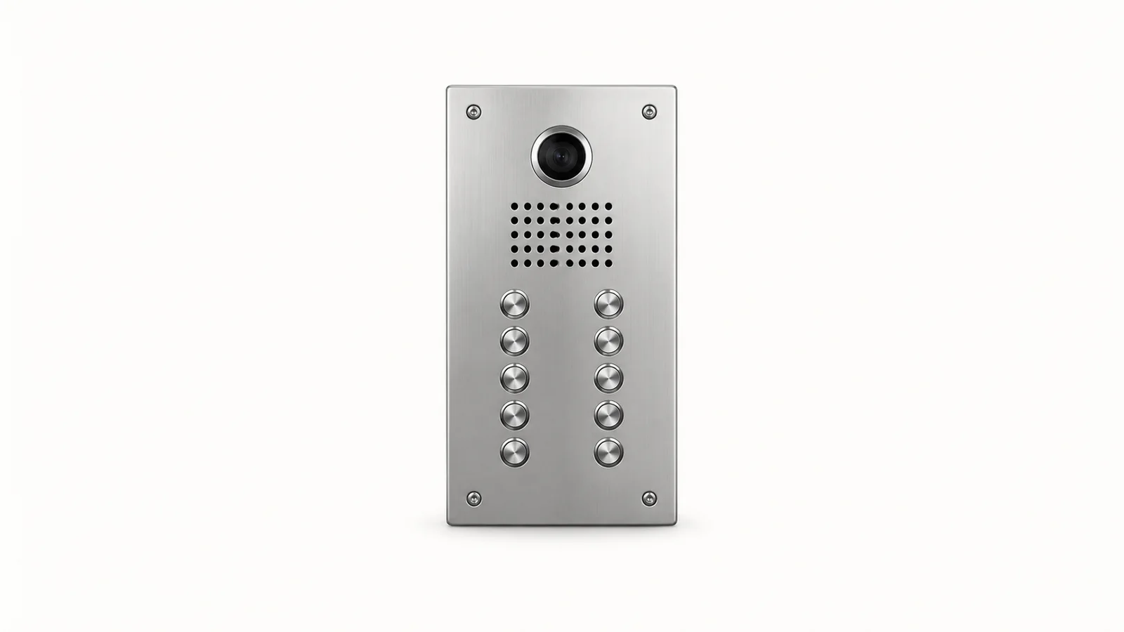 Isolated a chrome apartment intercom panel with unmarked buttons centred on a seamless pale off-white studio background, generous empty margin on every side for overlaid branding