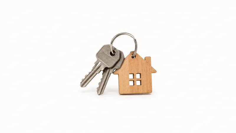 Isolated a set of house keys with a wooden house-shaped fob centred on a seamless pale off-white studio background, generous empty margin on every side for overlaid branding