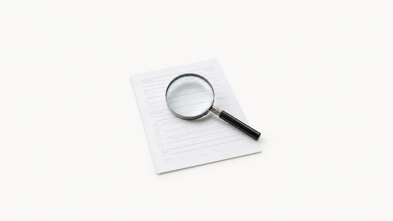 Isolated a magnifying glass resting on a blank paper form centred on a seamless pale off-white studio background, generous empty margin on every side for overlaid branding