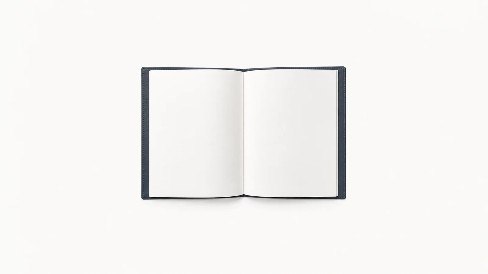 Isolated a dual-page blank document folded in a bound folder centred on a seamless pale off-white studio background, generous empty margin on every side for overlaid branding