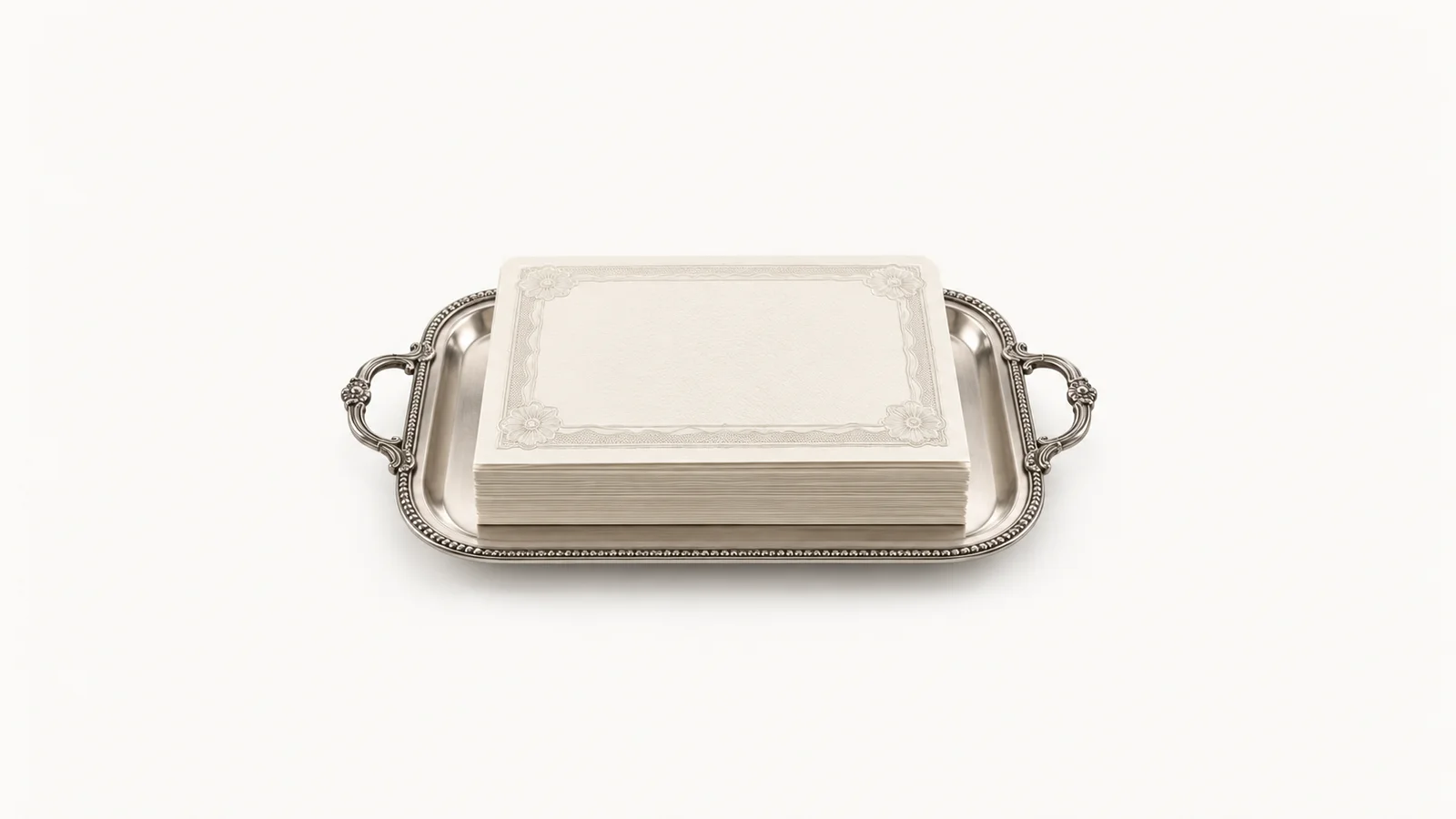 Isolated a stack of blank embossed share certificates on a silver tray centred on a seamless pale off-white studio background, generous empty margin on every side for overlaid branding