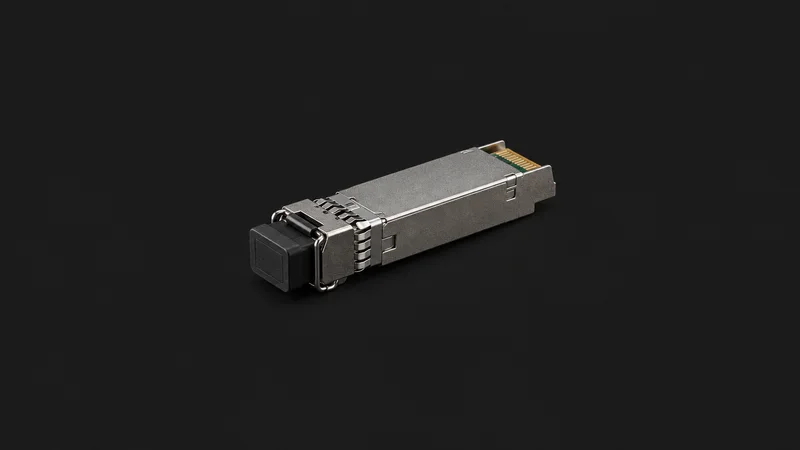 Isolated a fibre-optic transceiver module with a dust cap centred on a seamless deep charcoal near-black studio background, generous empty margin on every side for overlaid branding