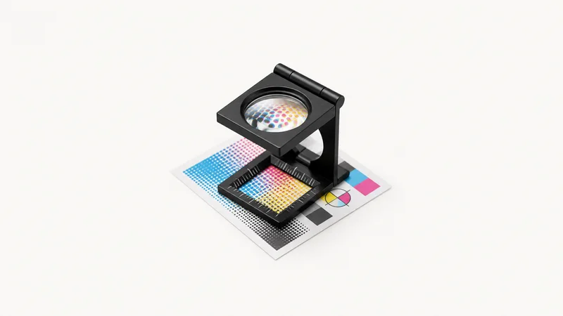 Isolated a loupe magnifier resting on a printed halftone proof centred on a seamless pale off-white studio background, generous empty margin on every side for overlaid branding