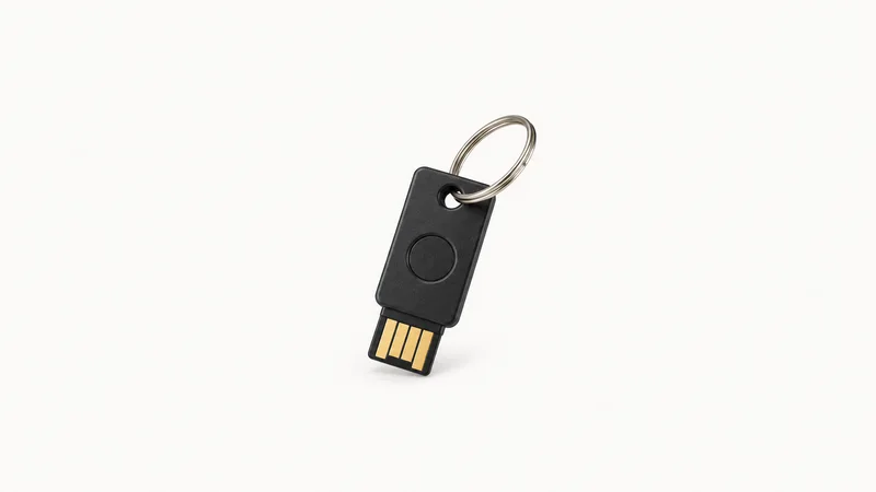 Isolated a hardware security key on a lanyard ring centred on a seamless pale off-white studio background, generous empty margin on every side for overlaid branding