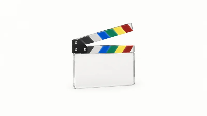 Isolated an acrylic clapperboard with colour stripes and no writing centred on a seamless pale off-white studio background, generous empty margin on every side for overlaid branding