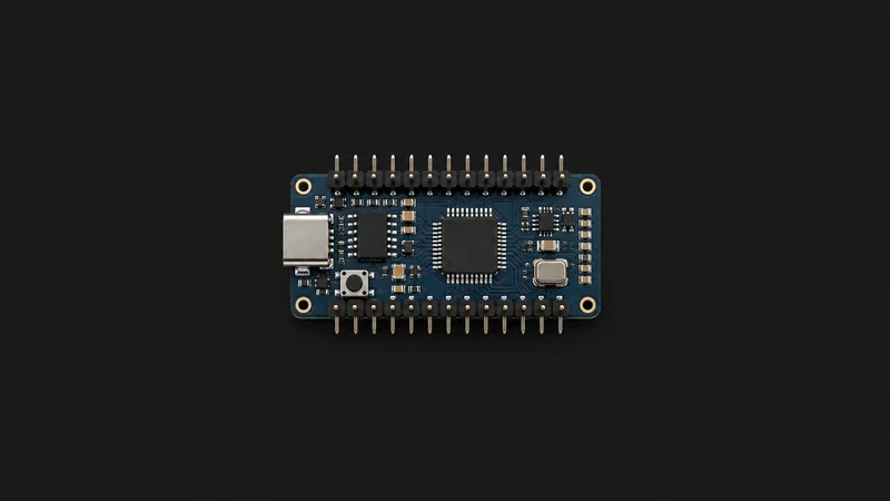 Isolated a bare microcontroller development board with header pins centred on a seamless deep charcoal near-black studio background, generous empty margin on every side for overlaid branding