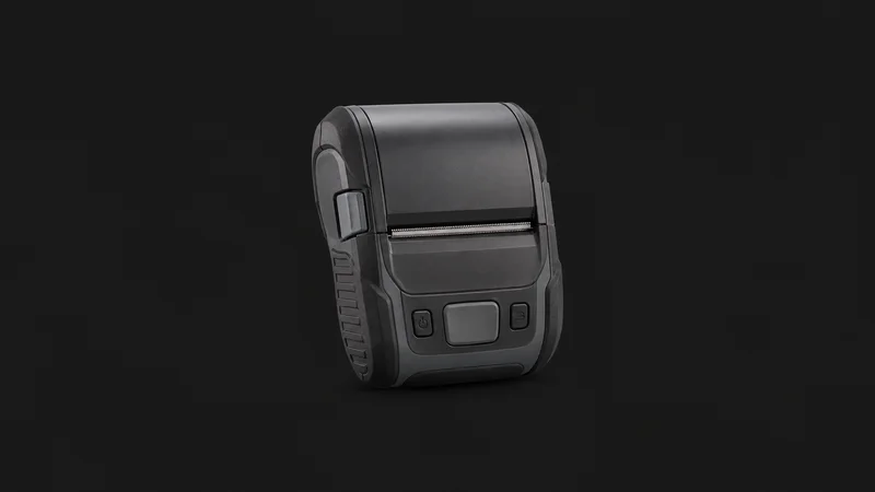 Isolated a handheld thermal label printer centred on a seamless deep charcoal near-black studio background, generous empty margin on every side for overlaid branding