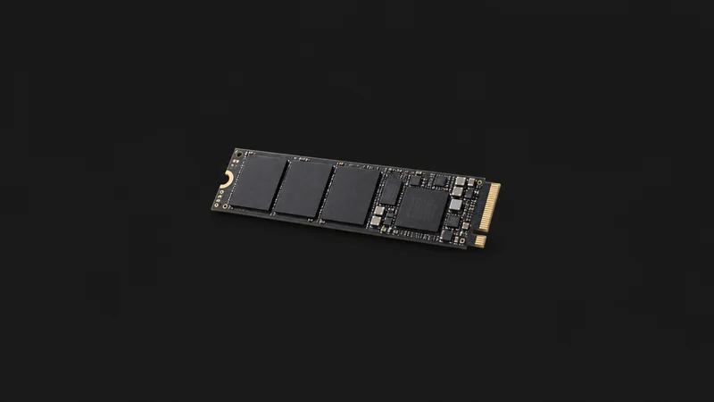 Isolated a bare NVMe storage module centred on a seamless deep charcoal near-black studio background, generous empty margin on every side for overlaid branding