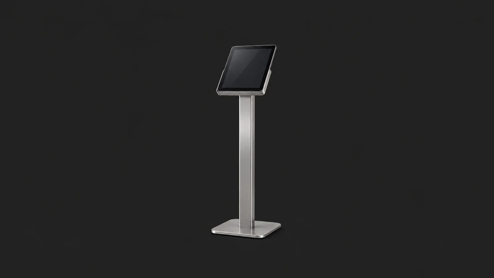 Isolated a lobby self-service check-in tablet on a slim brushed-steel stand centred on a seamless deep charcoal near-black studio background, generous empty margin on every side for overlaid branding