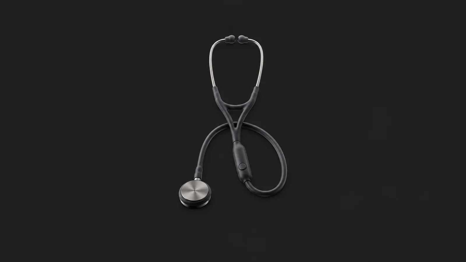 Isolated a connected digital stethoscope with a flat circular chestpiece centred on a seamless deep charcoal near-black studio background, generous empty margin on every side for overlaid branding