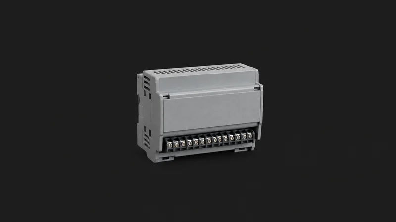 Isolated a smart-building controller module with a row of screw terminals in a grey enclosure centred on a seamless deep charcoal near-black studio background, generous empty margin on every side for overlaid branding