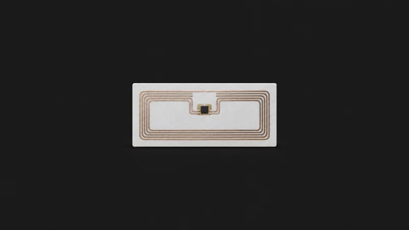 Isolated a passive rfid tag inlay on a blank rectangular label centred on a seamless deep charcoal near-black studio background, generous empty margin on every side for overlaid branding