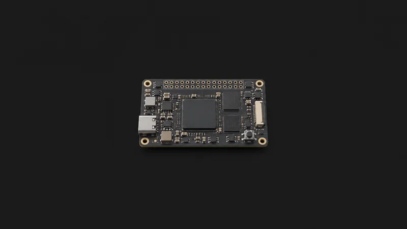 Isolated a system-on-module development board with an unpopulated header centred on a seamless deep charcoal near-black studio background, generous empty margin on every side for overlaid branding