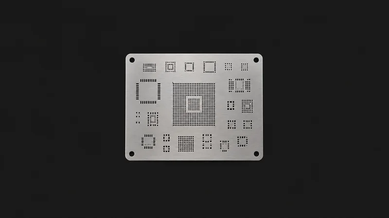 Isolated a stainless solder-paste stencil with laser-cut apertures centred on a seamless deep charcoal near-black studio background, generous empty margin on every side for overlaid branding