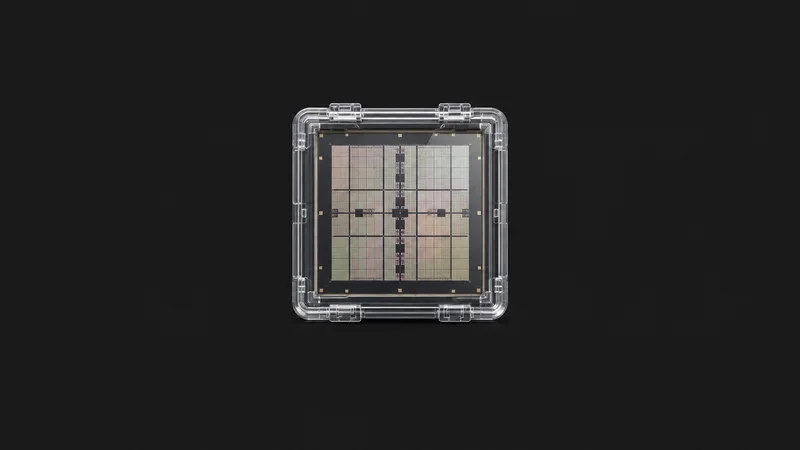 Isolated a photomask reticle in a clear protective case centred on a seamless deep charcoal near-black studio background, generous empty margin on every side for overlaid branding