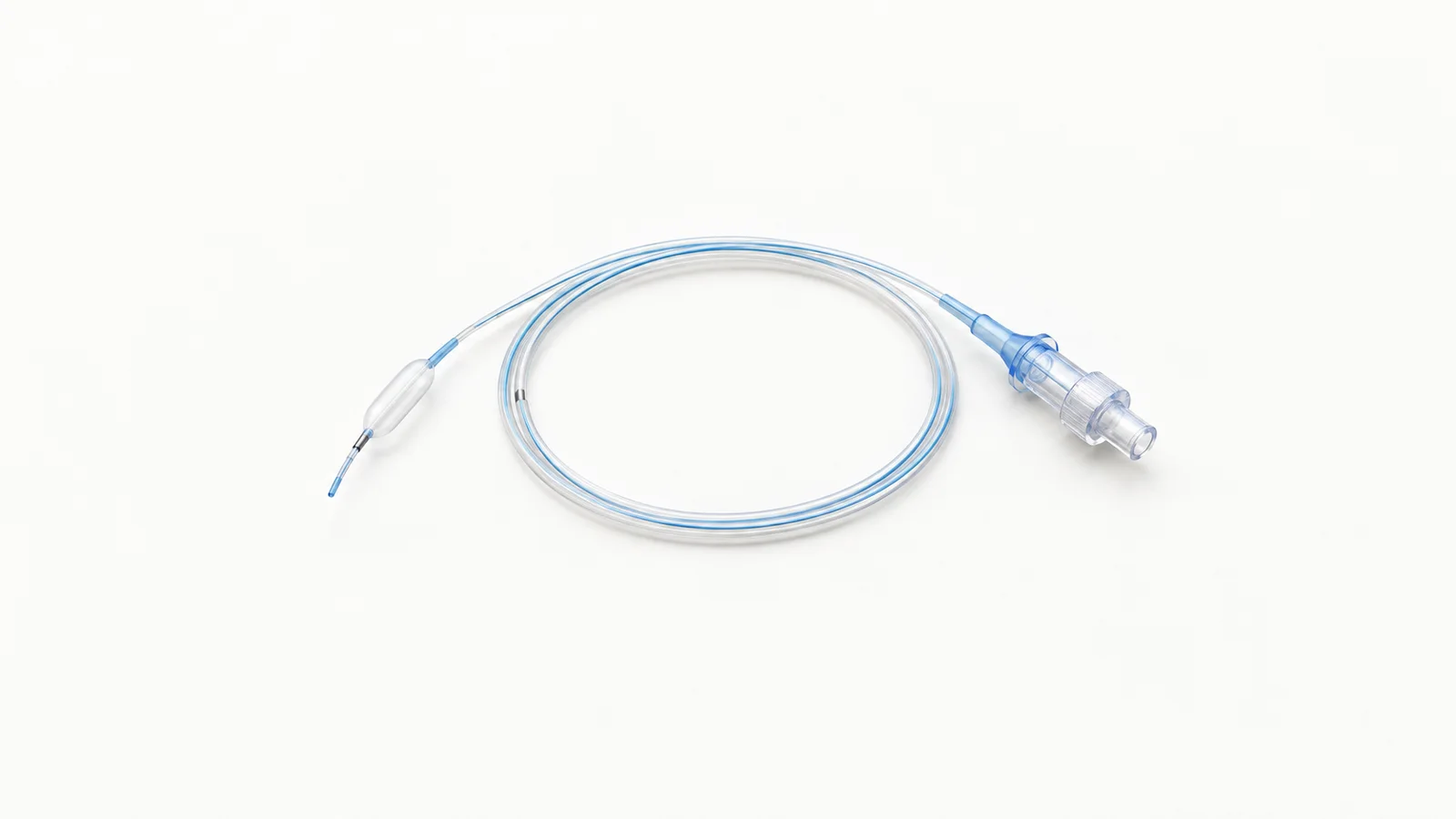 Isolated a coiled balloon catheter with a luer hub centred on a seamless pale off-white studio background, generous empty margin on every side for overlaid branding