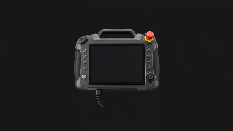 Isolated a robot teach pendant with a blank screen centred on a seamless deep charcoal near-black studio background, generous empty margin on every side for overlaid branding