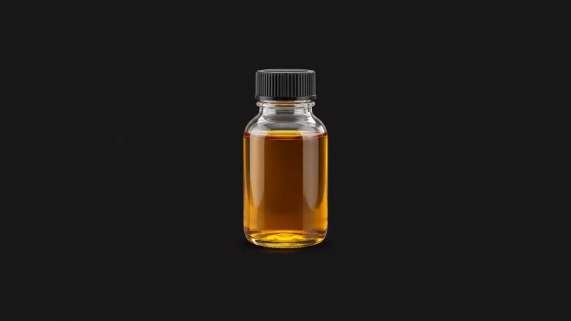 Isolated a laboratory sample bottle of amber liquid with a screw cap centred on a seamless deep charcoal near-black studio background, generous empty margin on every side for overlaid branding