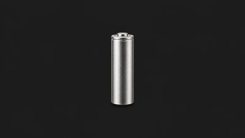 Isolated a cylindrical lithium cell with a bare steel can centred on a seamless deep charcoal near-black studio background, generous empty margin on every side for overlaid branding