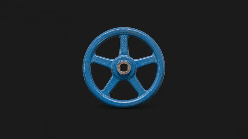 Isolated a cast-iron gate valve handwheel in blue paint centred on a seamless deep charcoal near-black studio background, generous empty margin on every side for overlaid branding
