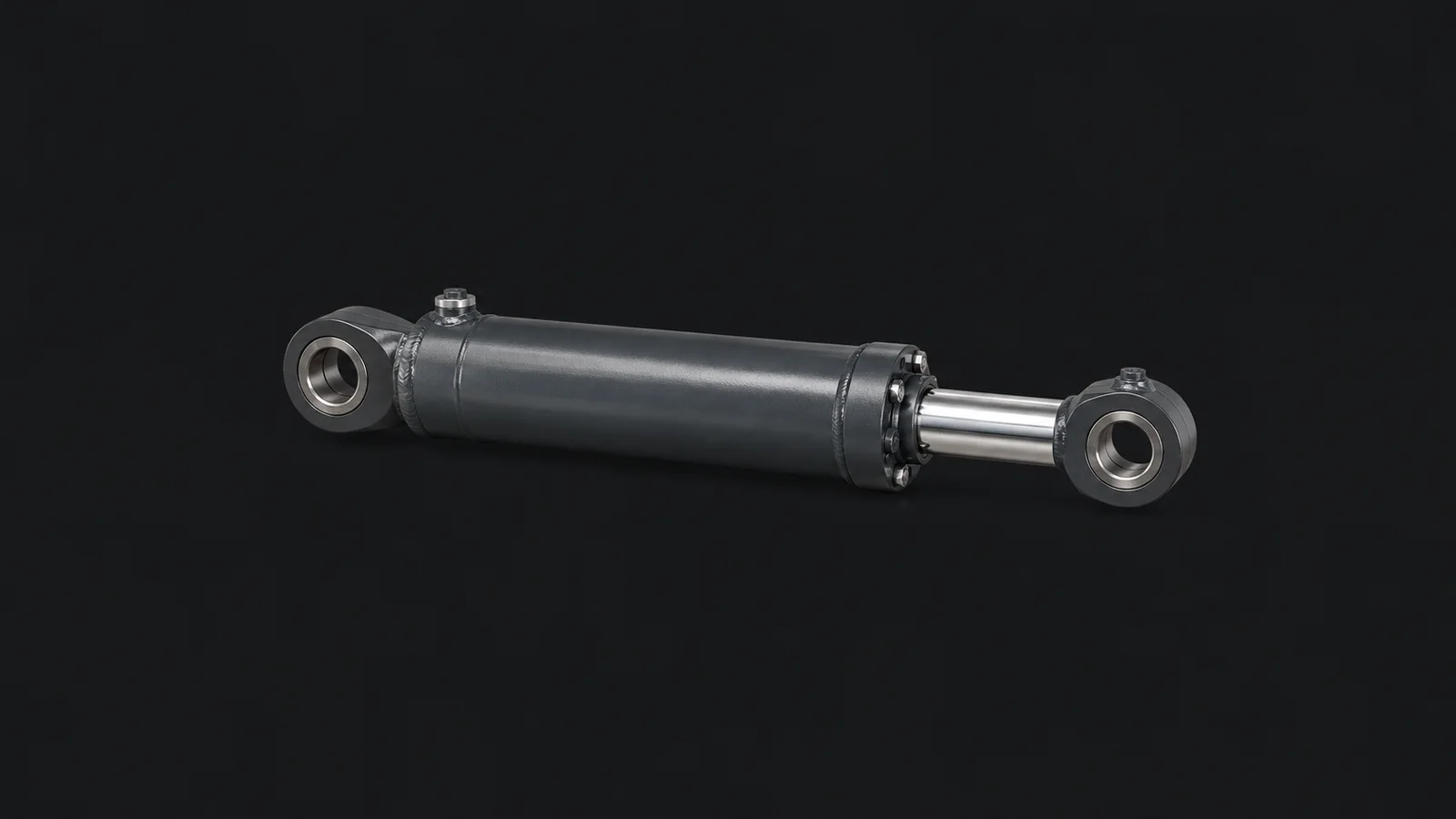Isolated a hydraulic boom cylinder with a chromed rod centred on a seamless deep charcoal near-black studio background, generous empty margin on every side for overlaid branding