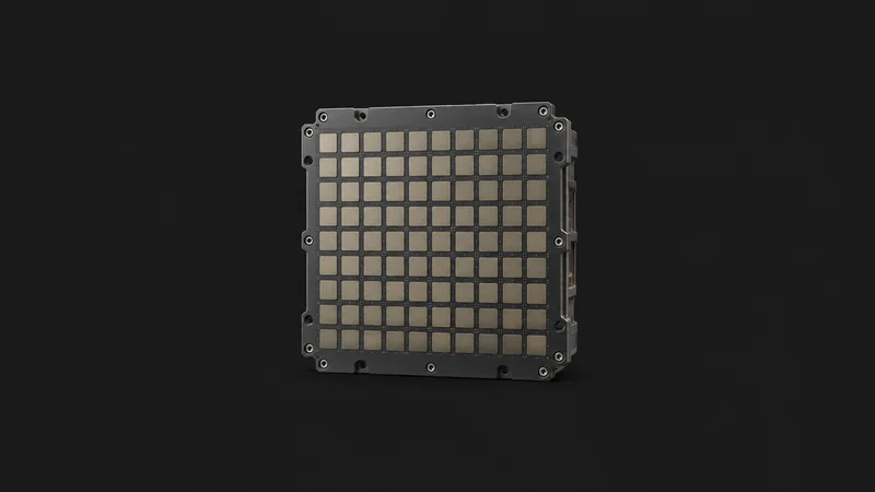 Isolated a phased-array antenna tile with a grid of patch elements centred on a seamless deep charcoal near-black studio background, generous empty margin on every side for overlaid branding