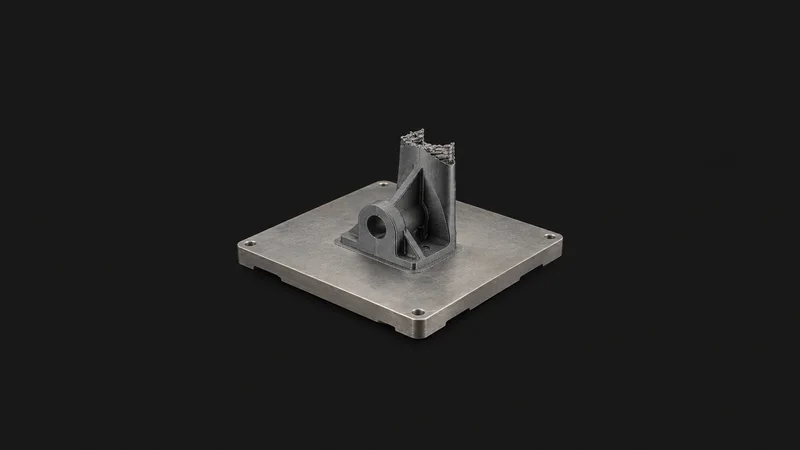 Isolated a bare steel build plate with a half-finished printed bracket adhered to it centred on a seamless deep charcoal near-black studio background, generous empty margin on every side for overlaid branding