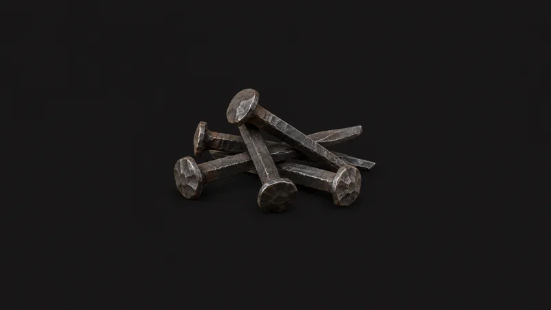 Isolated a cluster of hand-forged square-shank nails with rose heads centred on a seamless deep charcoal near-black studio background, generous empty margin on every side for overlaid branding