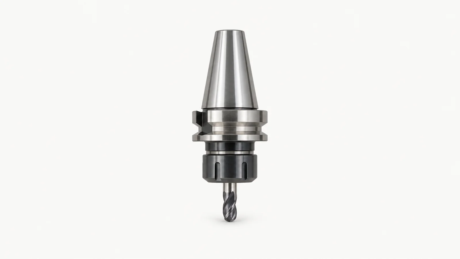 Isolated a bt40 tool holder with a collet chuck and a ball-nose end mill centred on a seamless pale off-white studio background, generous empty margin on every side for overlaid branding