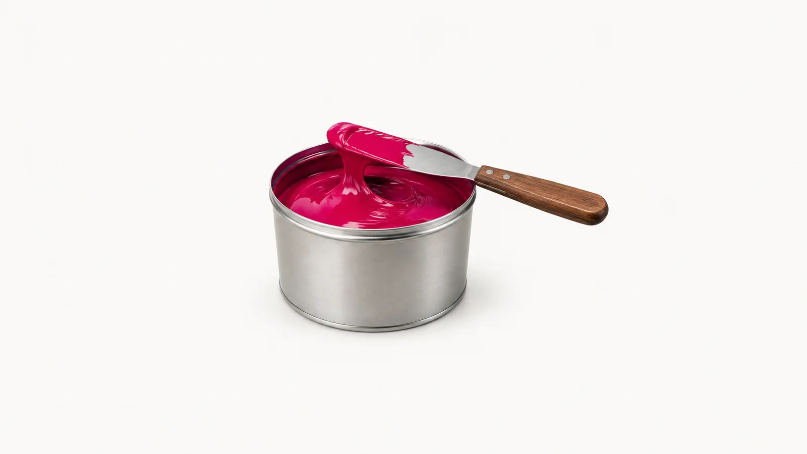 Isolated a tin of process-magenta offset ink with a palette knife centred on a seamless pale off-white studio background, generous empty margin on every side for overlaid branding