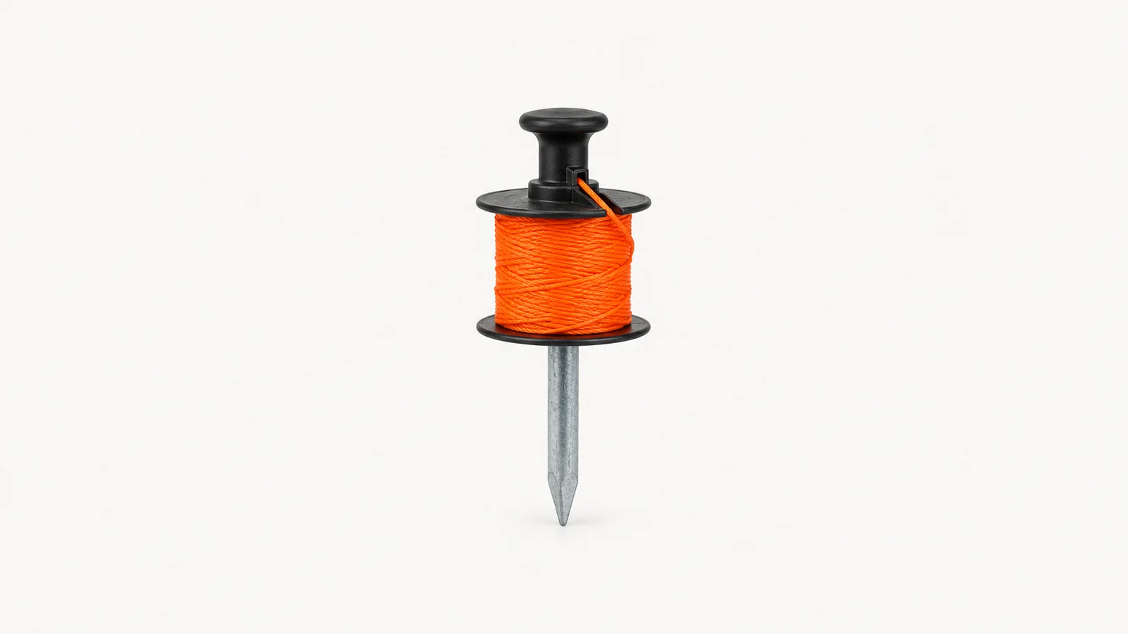 Isolated a builder's line pin with a wound reel of orange stringline centred on a seamless pale off-white studio background, generous empty margin on every side for overlaid branding