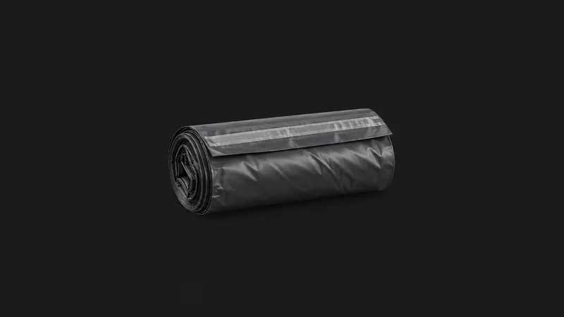 Isolated a rolled polythene courier mailing bag with a self-seal strip centred on a seamless deep charcoal near-black studio background, generous empty margin on every side for overlaid branding
