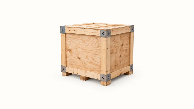 Isolated a plywood export crate with heat-treated stamped corners and no lettering centred on a seamless pale off-white studio background, generous empty margin on every side for overlaid branding
