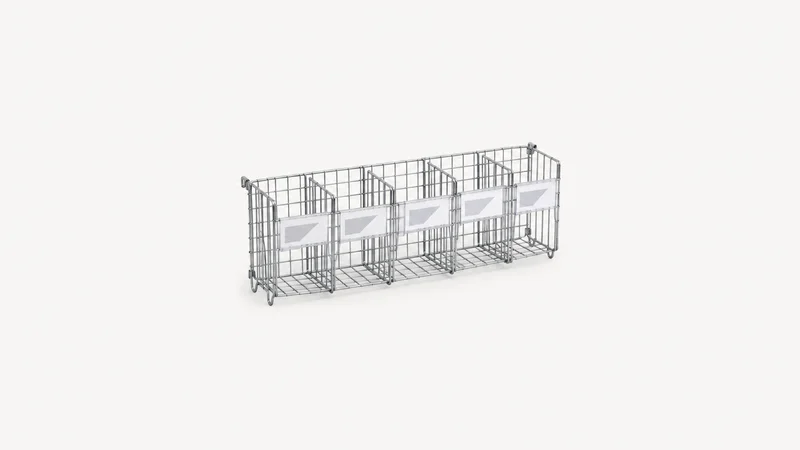 Isolated a wire-mesh shelving bin divider with small tagged pockets centred on a seamless pale off-white studio background, generous empty margin on every side for overlaid branding