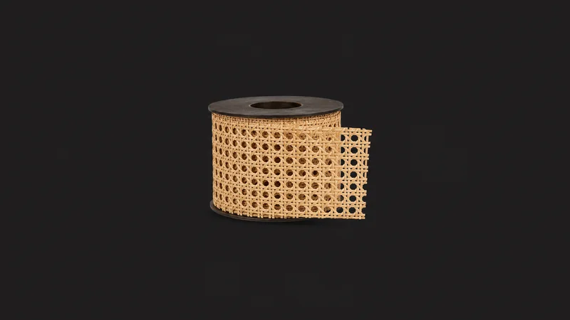 Isolated a strip of pressed cane seat webbing rolled on a spool centred on a seamless deep charcoal near-black studio background, generous empty margin on every side for overlaid branding
