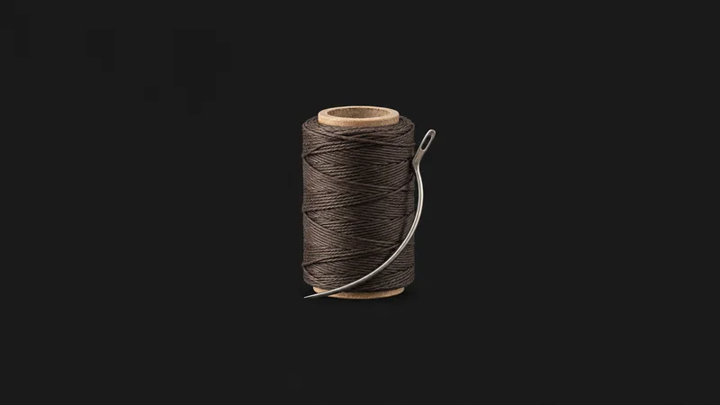 Isolated a spool of saddle-stitching linen thread with a curved harness needle centred on a seamless deep charcoal near-black studio background, generous empty margin on every side for overlaid branding