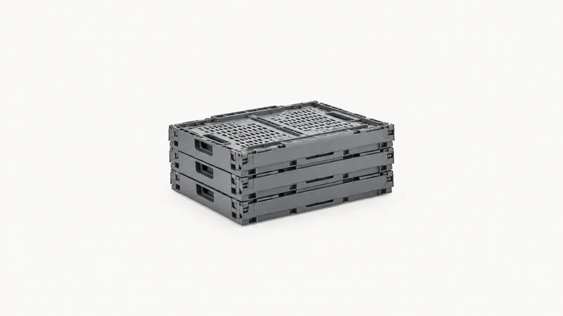 Isolated a folded stack of collapsible plastic crates with hinged sides centred on a seamless pale off-white studio background, generous empty margin on every side for overlaid branding