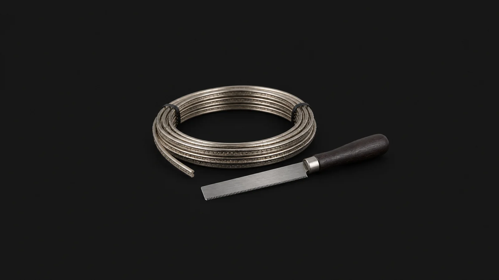 Isolated a rolled coil of nickel-silver fret wire with a fret slotting saw centred on a seamless deep charcoal near-black studio background, generous empty margin on every side for overlaid branding