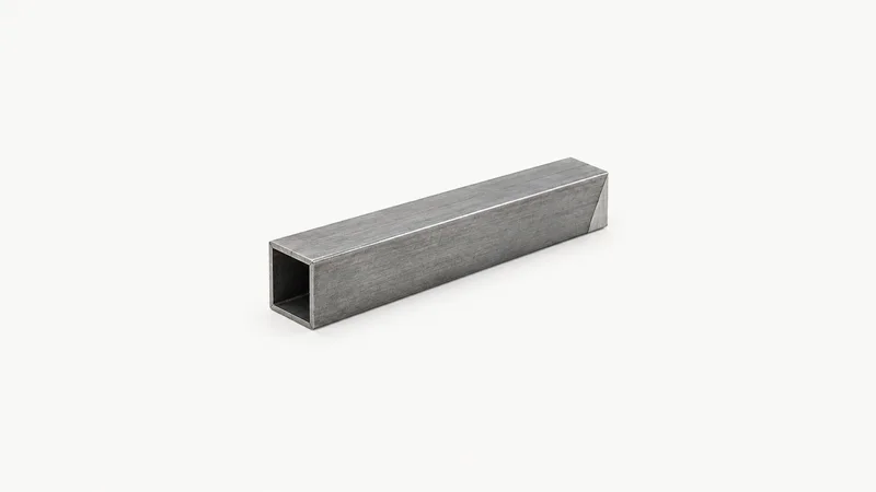 Isolated a length of square hollow-section steel tube with mitred ends centred on a seamless pale off-white studio background, generous empty margin on every side for overlaid branding