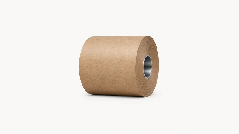 Isolated a roll of brown kraft liner paper on a steel core centred on a seamless pale off-white studio background, generous empty margin on every side for overlaid branding