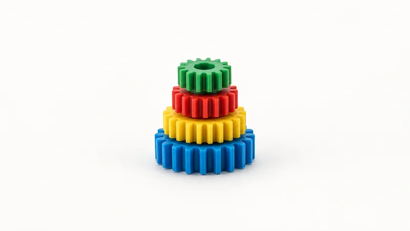 Isolated a stack of moulded plastic gears in bright colours centred on a seamless pale off-white studio background, generous empty margin on every side for overlaid branding