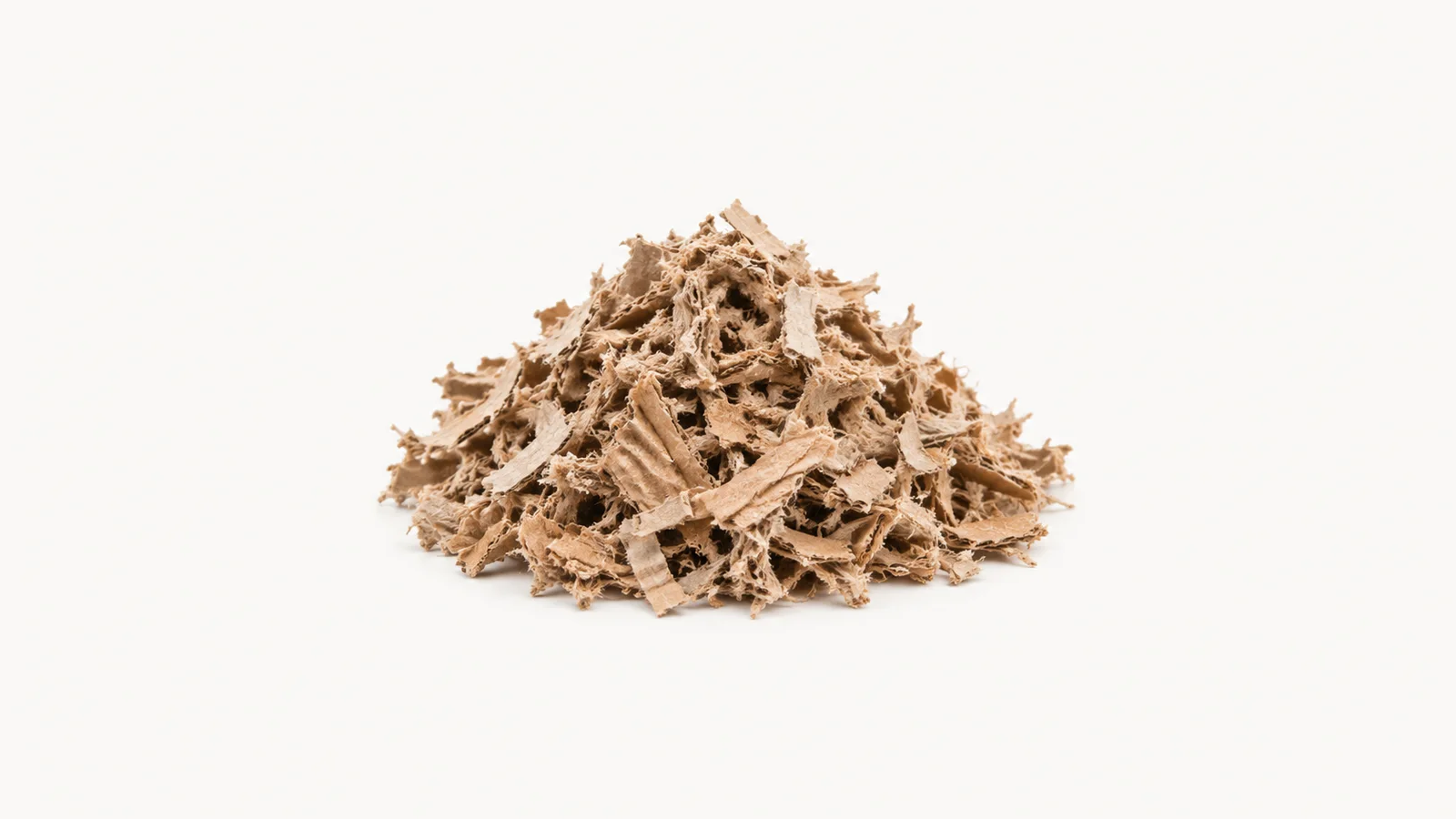 Isolated a pile of shredded cardboard pulp fibre centred on a seamless pale off-white studio background, generous empty margin on every side for overlaid branding