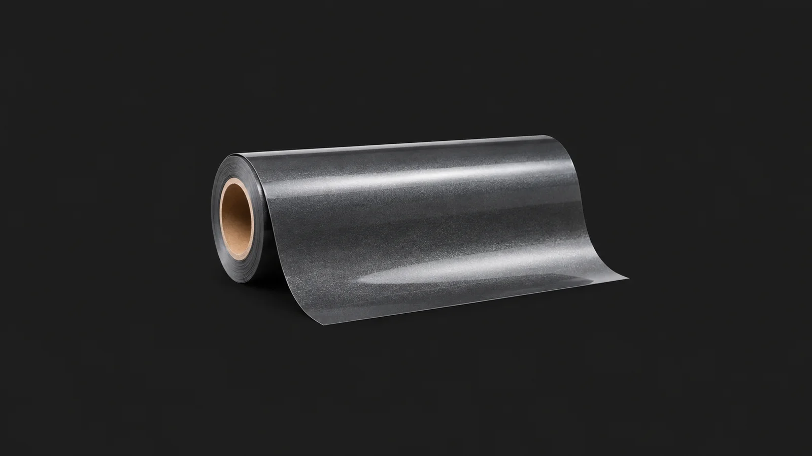 Isolated a roll of reflective vinyl film centred on a seamless deep charcoal near-black studio background, generous empty margin on every side for overlaid branding