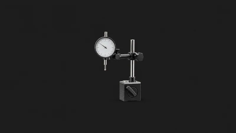Isolated a dial indicator on a magnetic base centred on a seamless deep charcoal near-black studio background, generous empty margin on every side for overlaid branding